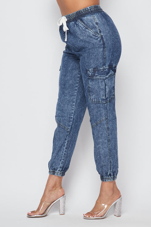 Acid Wash Cargo Denim Jogger Pants - SohoGirl.com